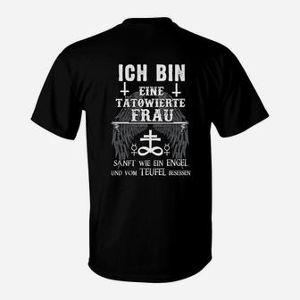 Tätowierte Frau T-Shirt, Schwarzes Tee mit Engel & Teufel Spruch - Seseable