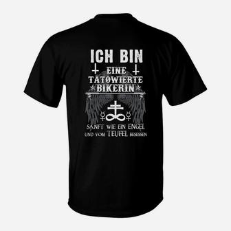 Tattoo Bikerin T-Shirt: Engel & Teufel Besessen Sprüche - Seseable