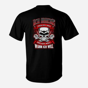 Totenkopf Schwarzes T-Shirt: Ich mach was ich will Spruch, Freiheitsbotschaft - Seseable