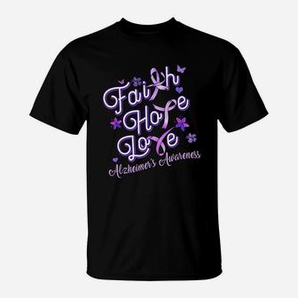 Alzheimers Awareness Purple Ribbon Products Faith Hope Love T-Shirt | Seseable UK