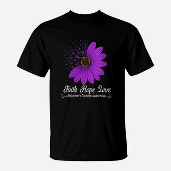 Alzheimer's Disease Awareness Faith Hope Love Purple Ribbon T-Shirt - Seseable