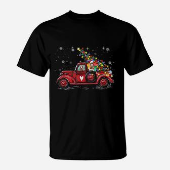 Basset Hound Dog Love Red Pickup Truck Christmas T-Shirt - Seseable