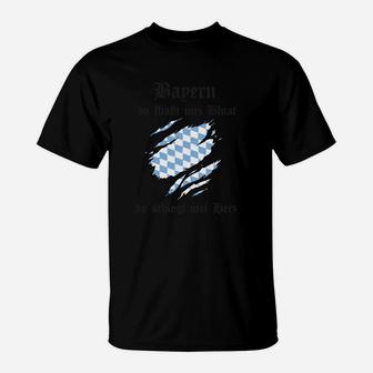 Bayrisches Stolz T-Shirt – Schwarz mit Blau-Weißer Rautenmuster & Schriftzug - Seseable
