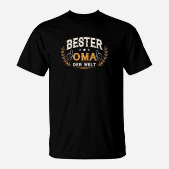 Bester Oma der Welt T-Shirt, Schwarz mit Goldschrift und Lorbeerkranz - Seseable