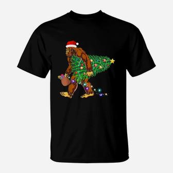Bigfoot Carrying Christmas Tree Sasquatch Santa Shirt T-Shirt - Seseable