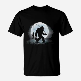 Bigfoot Fishing Funny Sasquatch And Fish Night Fishing T-Shirt - Seseable