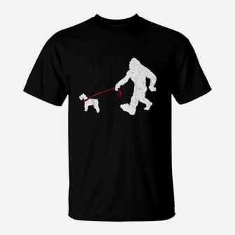 Bigfoot Walking With Schnauzer Dog T-Shirt - Seseable