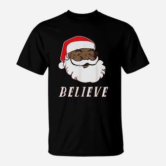 Black African American Christmas Santa Believe T-Shirt - Seseable