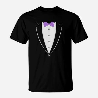 Black And White Tuxedo With Lavender Bow Tie T-Shirt - Seseable