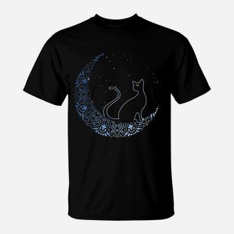 Black Cat Crescent Moon Gift Design Idea For Cat Fans T-Shirt - Seseable