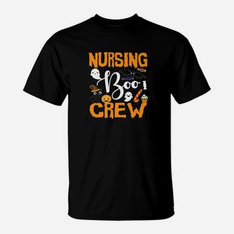 Black Cat Pumpkin Candy Ghost Nursing Boo Crew T-Shirt - Seseable