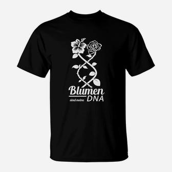 Blumen-DNA Motiv Schwarzes T-Shirt mit Schriftzug, Kreatives Design Tee - Seseable