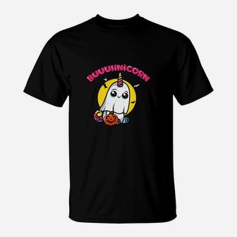 Boo-uhnicorn Schwarzes T-Shirt, Halloween Geister Einhorn Design - Seseable