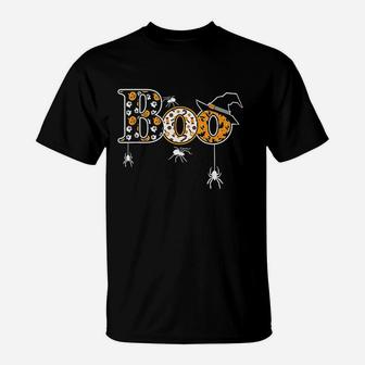 Boo With Spiders And Hat Halloween T-Shirt - Seseable