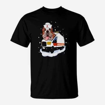 Bulldog Ambulance Christmas Puppy Funny Nurse T-Shirt - Seseable