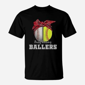 Busy Raising Ballers Softball Baseball Baseball Mom Gift T-Shirt - Seseable