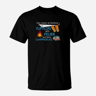 Camping-Motiv T-Shirt Leben in Flip-Flops am Feuer, Campingplatz Freizeit Tee - Seseable