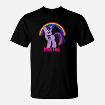 Cartoon-Pony Schwarzes T-Shirt, Metal-Stil mit Regenbogen - Seseable