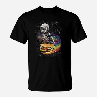 Cat Flying A Rainbow Burger Funny Astronaut Kitten Space T-Shirt - Seseable
