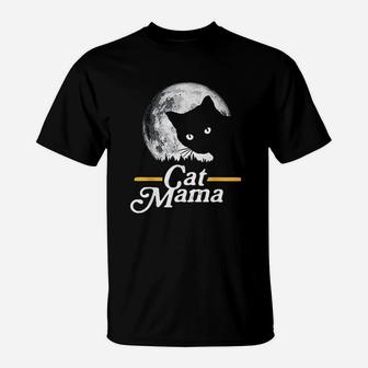 Cat Mama Vintage Eighties Style Cat Retro Full Moon T-Shirt - Seseable