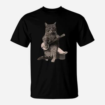 Cat Playing Banjo Guitar Funny Shirts T-Shirt - Seseable