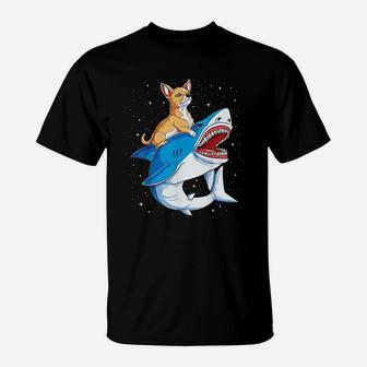 Chihuahua Riding Shark Dog Lover Gifts Space Galaxy T-Shirt - Seseable