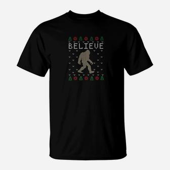 Christmas Believe Funny Ugly Bigfoot Sweater Shirt T-Shirt - Seseable