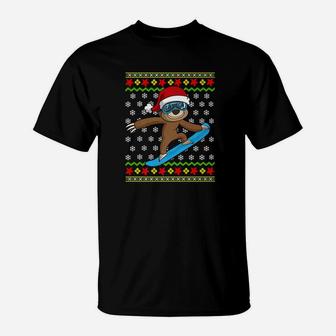 Christmas For Boys Sloth Snowboarding Gift T-Shirt - Seseable