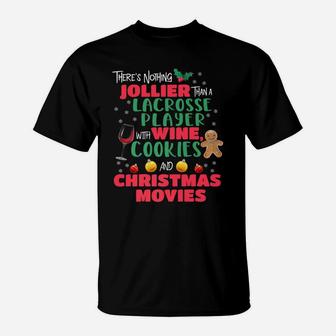 Christmas Lacrosse Wine Cookies Holiday Pajamas T-Shirt - Seseable