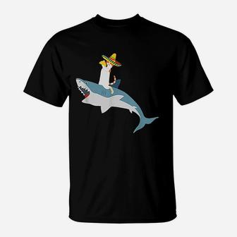 Cinco De Mayo Calico Cat Riding Great White Shark T-Shirt - Seseable