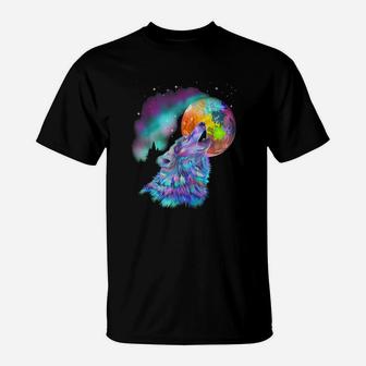 Colorful Rainbow Psychedelic Howling At Moon Wolf T-Shirt - Seseable