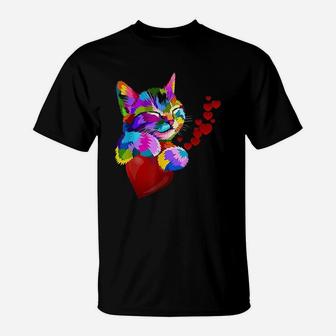 Cute Cat Colorful Funny Valentines Day Hearts T-Shirt - Seseable