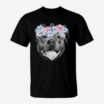Cute Pitbull Face Floral Watercolor Flower Pittie Mom T-Shirt - Seseable