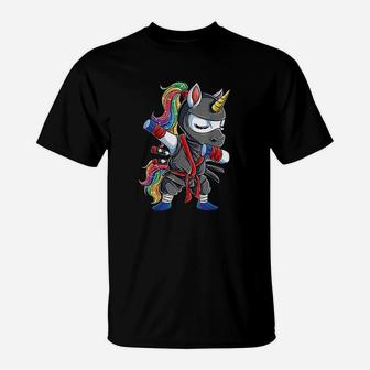 Dabbing Ninja Unicorn Girls Rainbow Martial Arts T-Shirt - Seseable