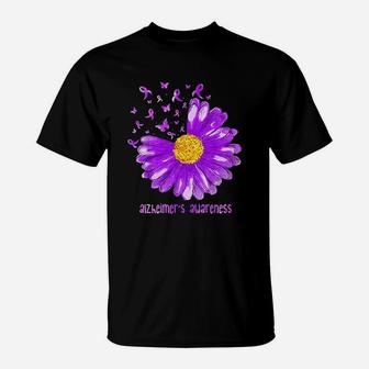Daisy Butterfly Purple Ribbon Alzheimer's Awareness T-Shirt - Seseable