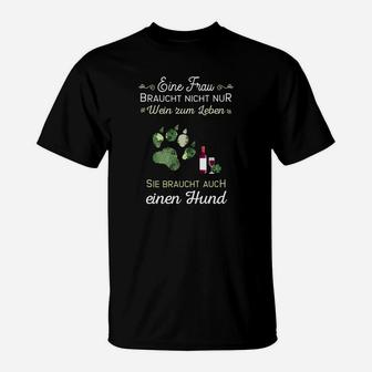 Damen T-Shirt Wein & Hund Lebensnotwendig, Spruch für Hundeliebhaberinnen - Seseable