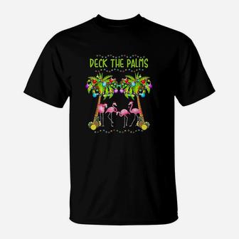 Deck The Palms Merry Flamingo Christmas Funny T-Shirt - Seseable