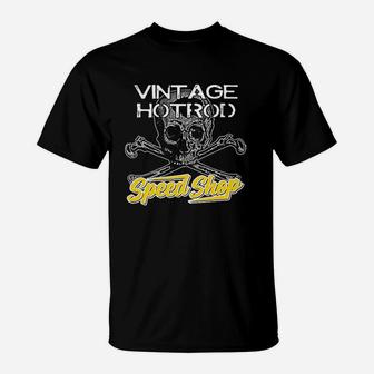 Devil Vintage Speed Shop Skull Crossbones Yellow Racing Garage T-Shirt - Seseable