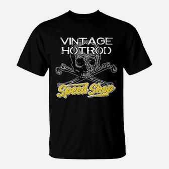 Devil Vintage Speed Shop Skull Crossbones Yellow Racing Garage T-Shirt - Seseable