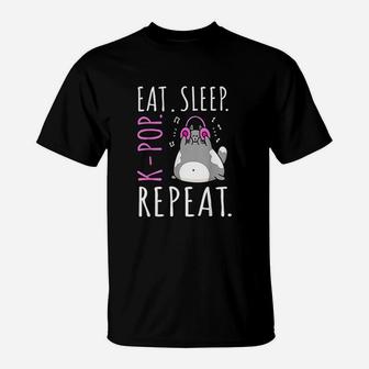 Eat Sleep Kpop Repeat Kawaii Cat Listening Music Kpop Gifts T-Shirt - Seseable