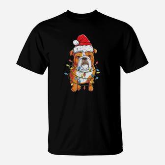 English Bulldog Santa Christmas Tree Lights Xmas Gifts T-Shirt - Seseable