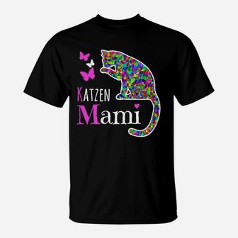 Farbenfrohes Katzen-Mami T-Shirt mit Leopardmuster und Schmetterlingen - Seseable