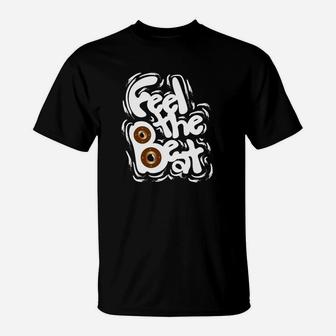 Feel the Beat Schwarzes T-Shirt mit Lautsprechermotiv, Musik Tee - Seseable