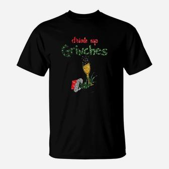 Festliches Drink Up Grinches T-Shirt, Weihnachtsmotiv mit Sektglas - Seseable