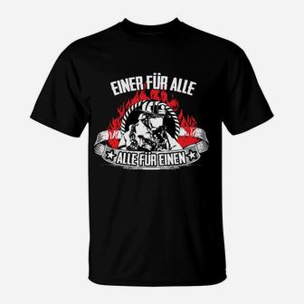 Feuerwehr T-Shirt Einer für alle, alle für einen, Schwarzes Shirt mit Motiv - Seseable