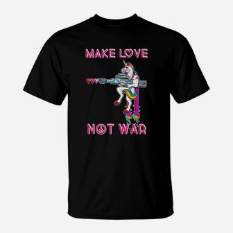 Friedensbotschaft T-Shirt Unisex, Make Love Not War, Einhorn & Gewehr Design - Seseable