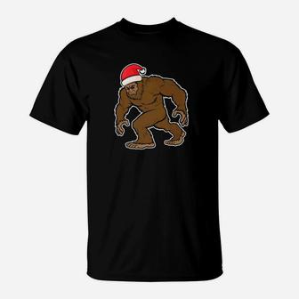Funny Bigfoot Christmas Sasquatch In Santa Hat Tee T-Shirt - Seseable
