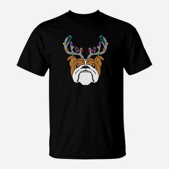 Funny Bulldog Antlers Xmas Dog Christmas T-Shirt - Seseable