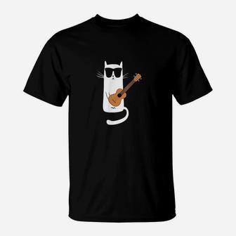 Funny Cat Wearing Sunglasses Playing Ukulele T-Shirt - Seseable