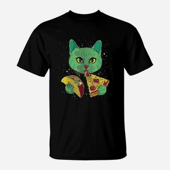 Funny Galaxy Cat Eat Pizza And Taco Outer Space Kitten T-Shirt - Seseable